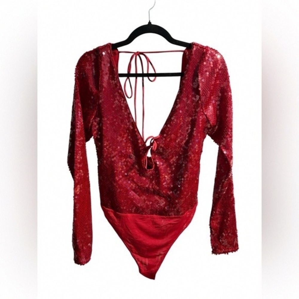 Nordstrom Red Sequin Long-Sleeve V-Back Bodysuit